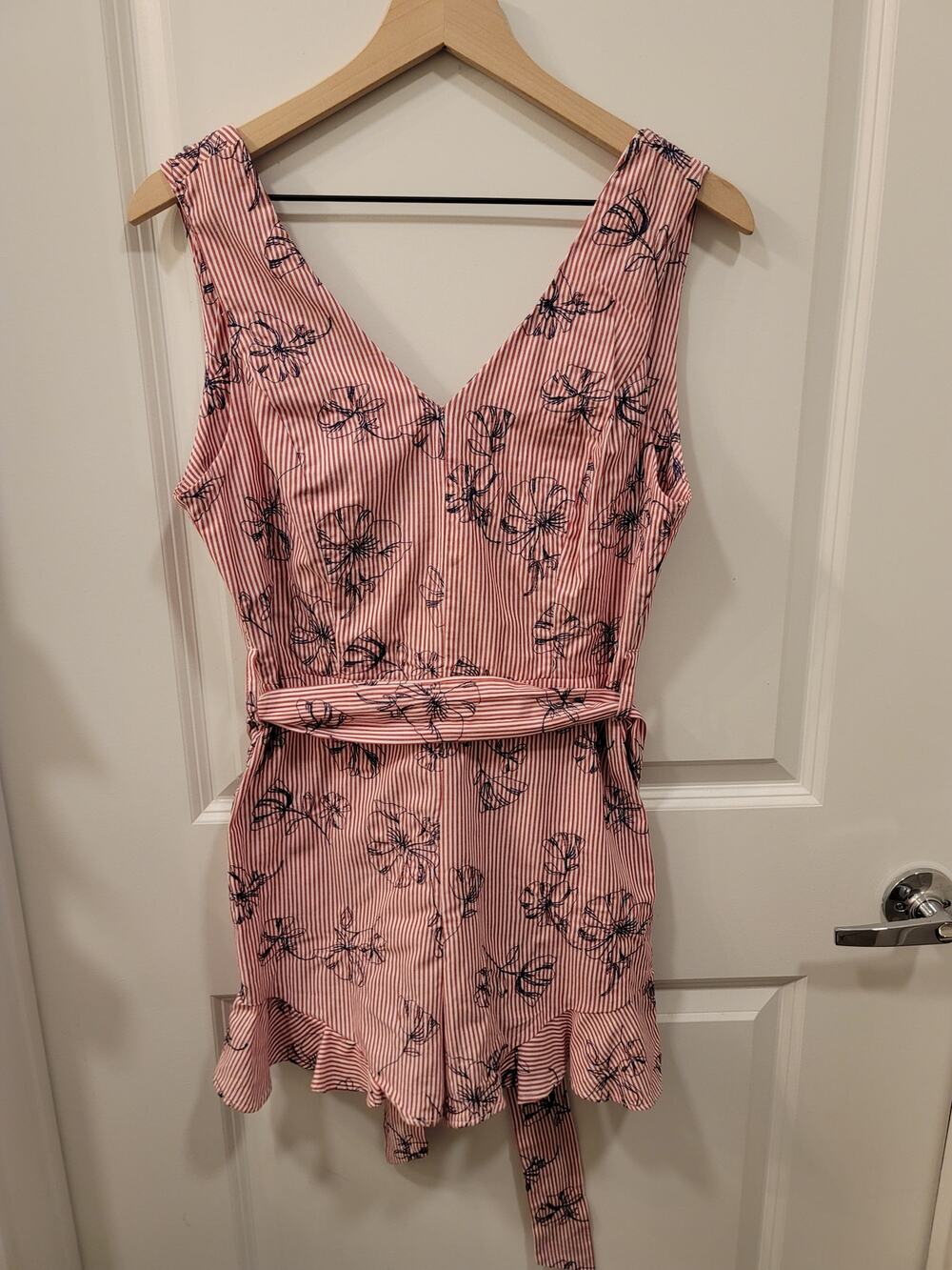 Gianni Binni Red Seersucker Romper with ruffle hem